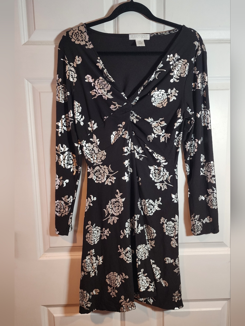 Planet Gold Black Dress with Silver Floral Print V-Neck Stretchy XXL